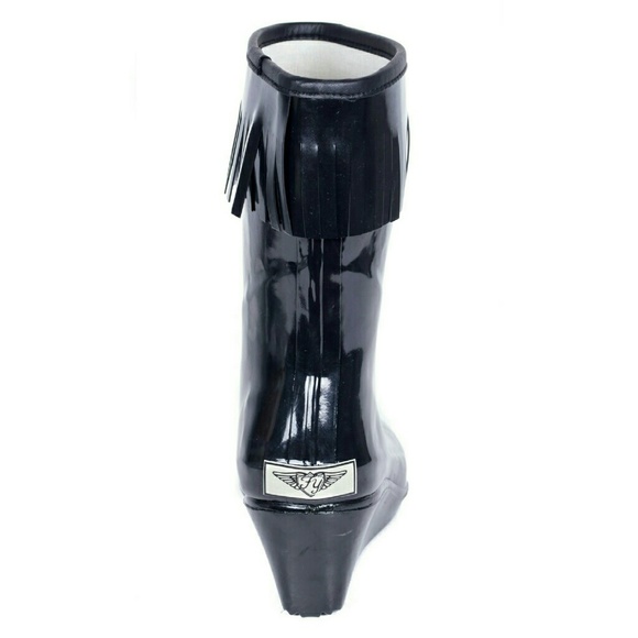 Women Rain Boots, Mid Calf Rubber Wedge Rainboots with Tassels, RB-1811, Black - Picture 4 of 4